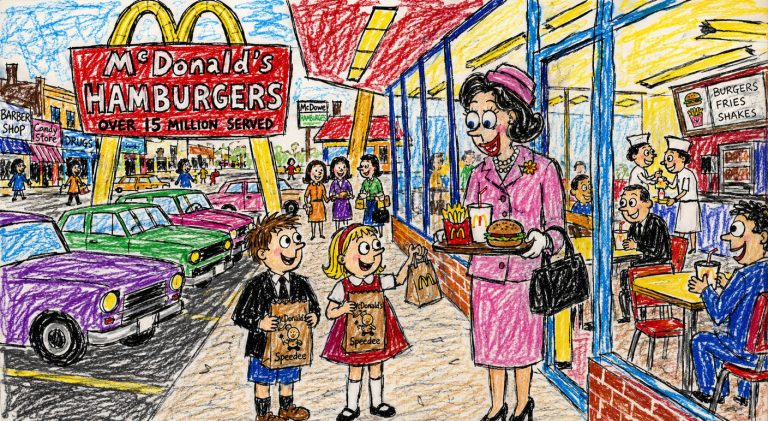 Ilustración con trazo de cera de un McDonald's de los años sesenta: el rótulo anuncia «Over 15 million served», dos niños sonríen en la acera con bolsas de comida, y una mujer con traje rosa lleva una bandeja con hamburguesa, patatas y refresco mientras la gente come al otro lado del escaparate.